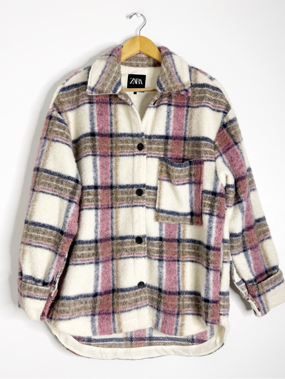 Zara Plaid Overshirt Jacket Size M Pink Cream Shacket Button Front